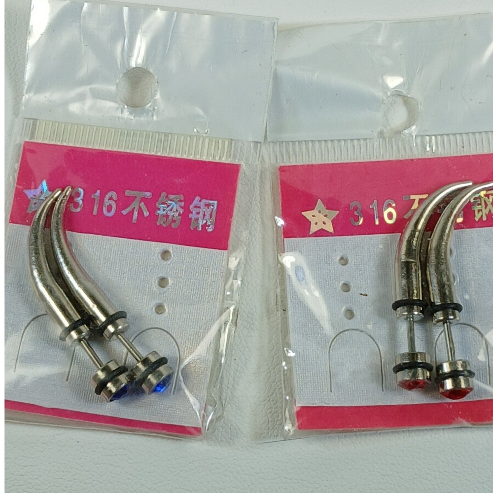 Vintage 90s 316L Steel 14G Faux Taper Claw Earrings Red Blue Rhinestone 2 Pair - Picture 8 of 14